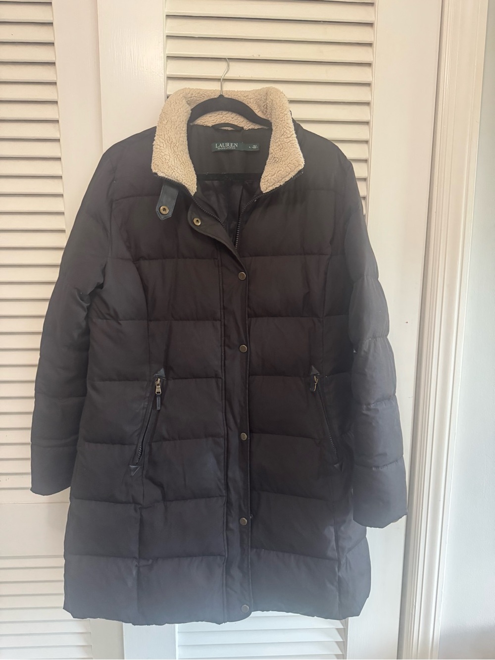 Ralph Lauren Black Puffer Coat with Cream Sherpa Collar